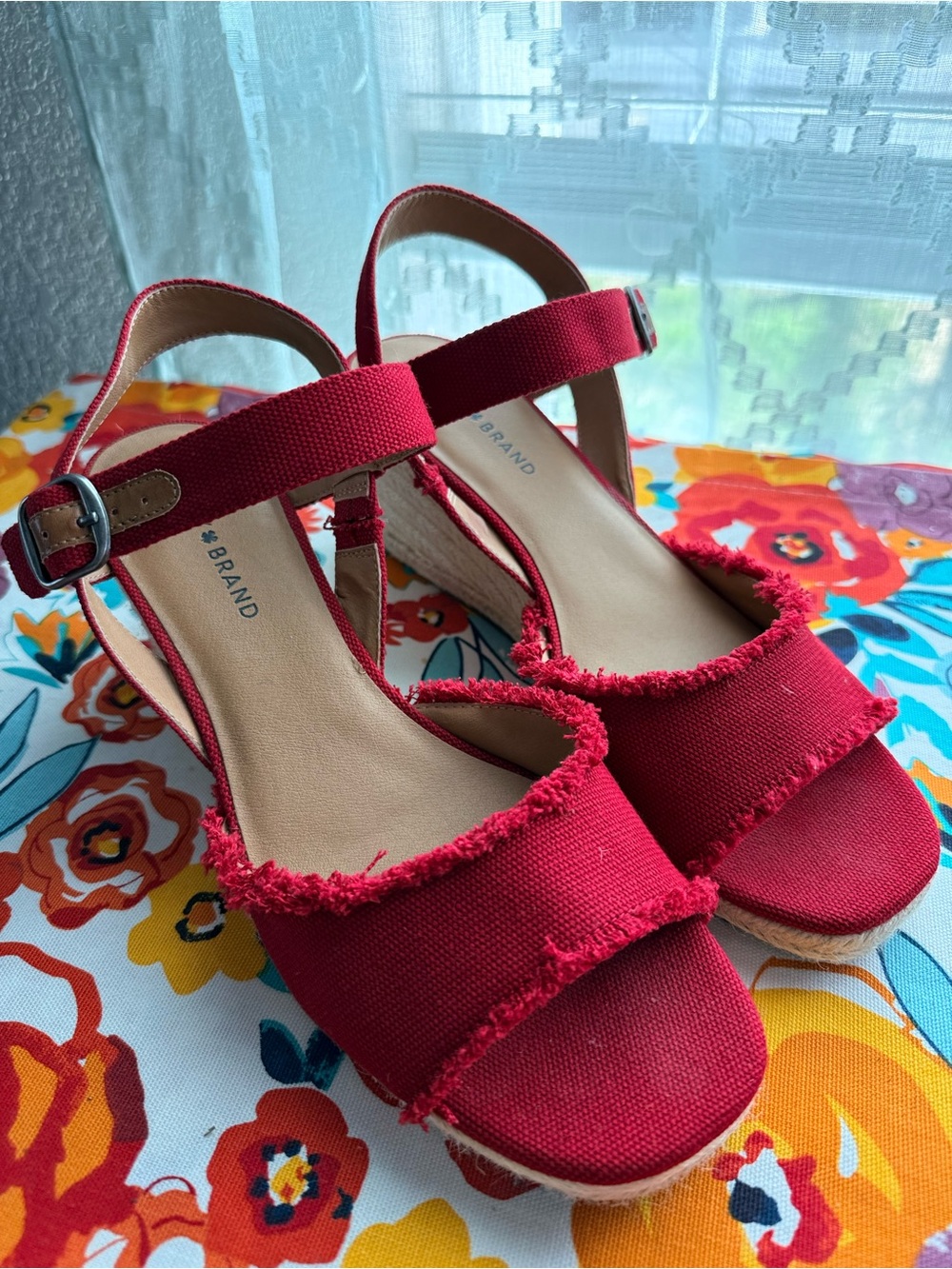 Lucky Brand Red Canvas Frayed Slingback Wedge Sandals